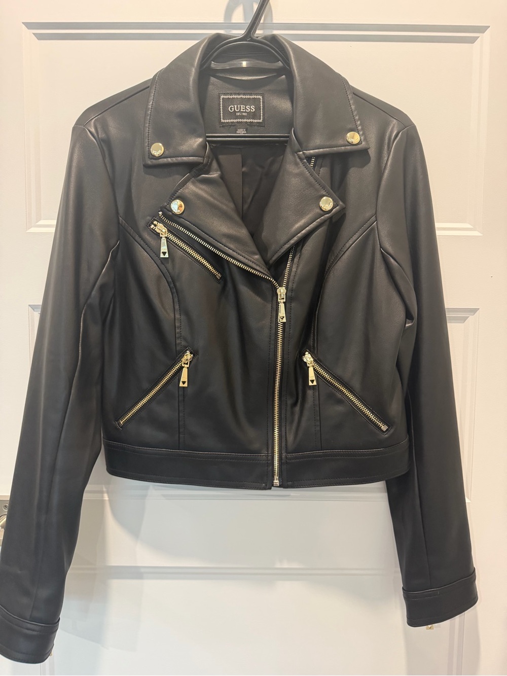 GUESS Black Leather-Look Moto Jacket with Gold Hardware